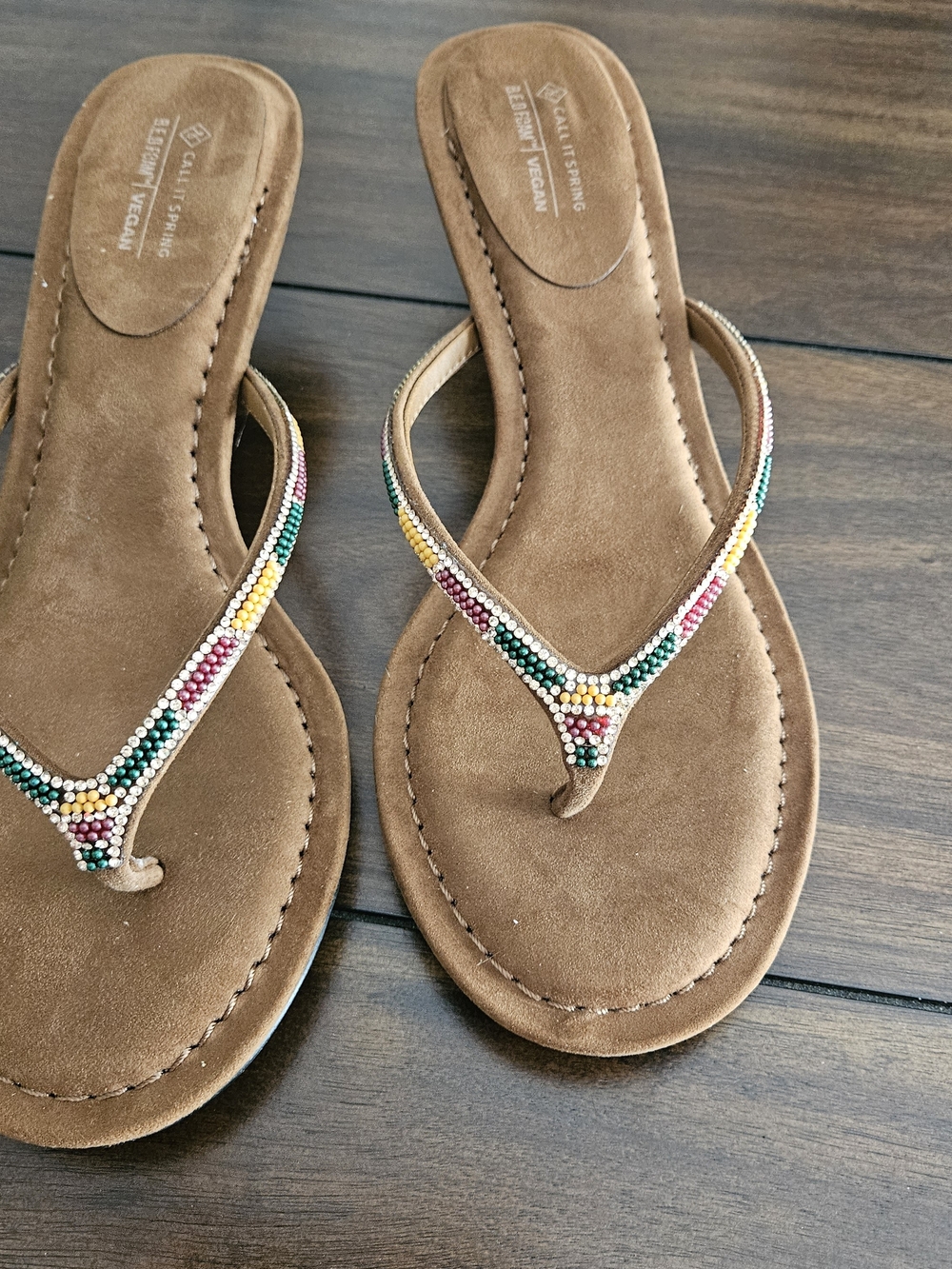 Cognac Call It Spring Brown Beaded T-Strap Sandals